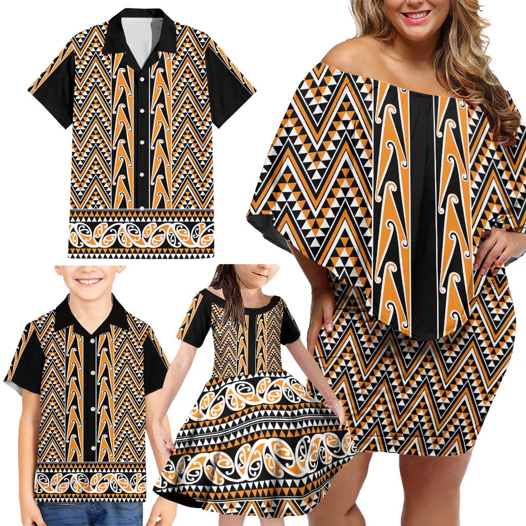 New Zealand Maori Niho Taniwha Family Matching Off Shoulder Short Dress and Hawaiian Shirt Karaka Mangopare and Puhoro Pattern LT9 - Polynesian Pride