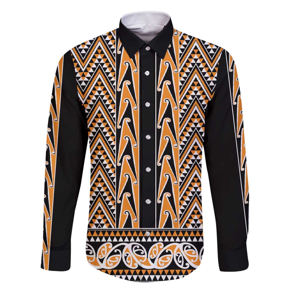 New Zealand Maori Niho Taniwha Family Matching Short Sleeve Bodycon Dress and Hawaiian Shirt Karaka Mangopare and Puhoro Pattern LT9 Dad's Shirt - Long Sleeve Gold - Polynesian Pride