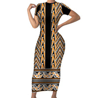 New Zealand Maori Niho Taniwha Family Matching Short Sleeve Bodycon Dress and Hawaiian Shirt Karaka Mangopare and Puhoro Pattern LT9 Mom's Dress Gold - Polynesian Pride