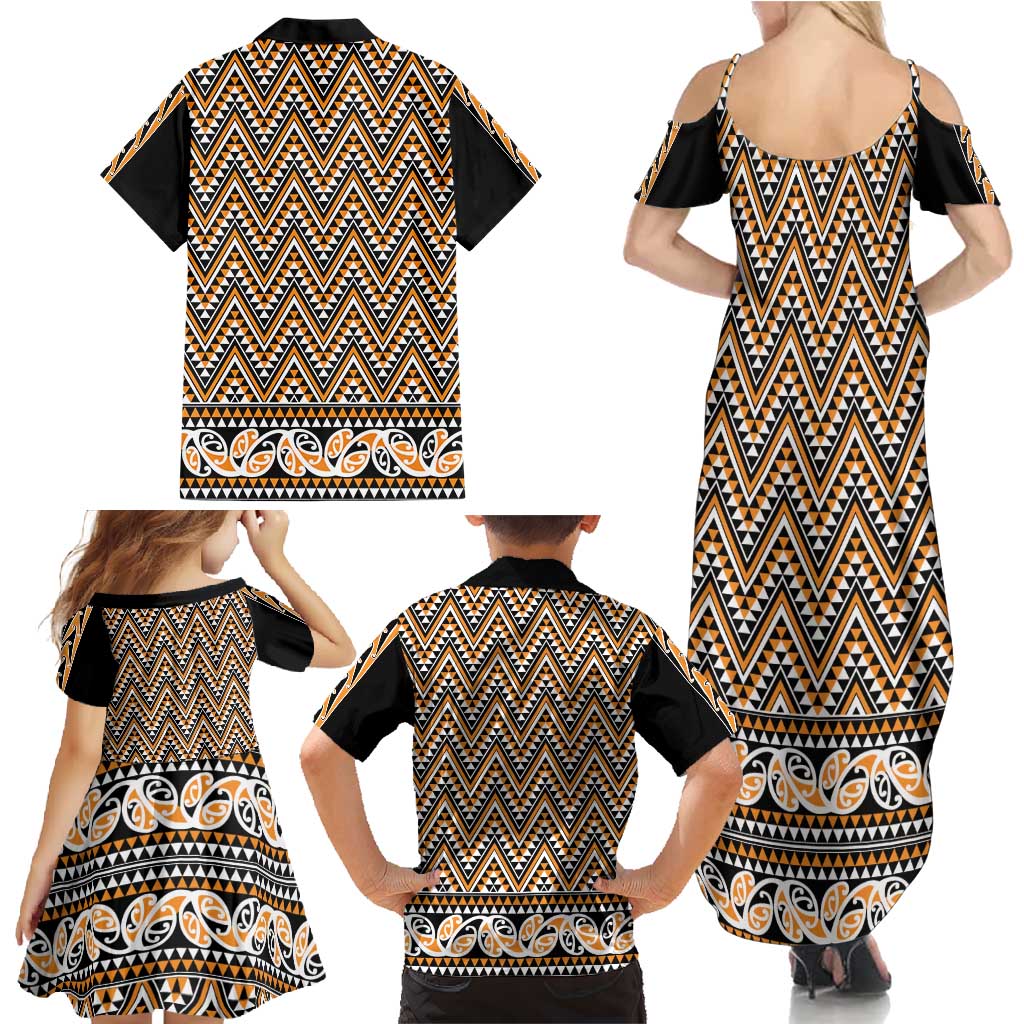 New Zealand Maori Niho Taniwha Family Matching Summer Maxi Dress and Hawaiian Shirt Karaka Mangopare and Puhoro Pattern LT9 - Polynesian Pride
