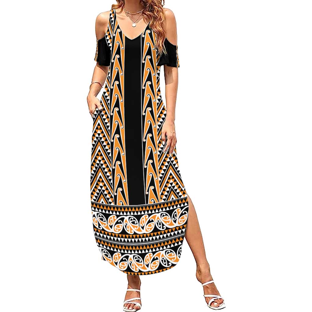 New Zealand Maori Niho Taniwha Family Matching Summer Maxi Dress and Hawaiian Shirt Karaka Mangopare and Puhoro Pattern LT9 Mom's Dress Gold - Polynesian Pride