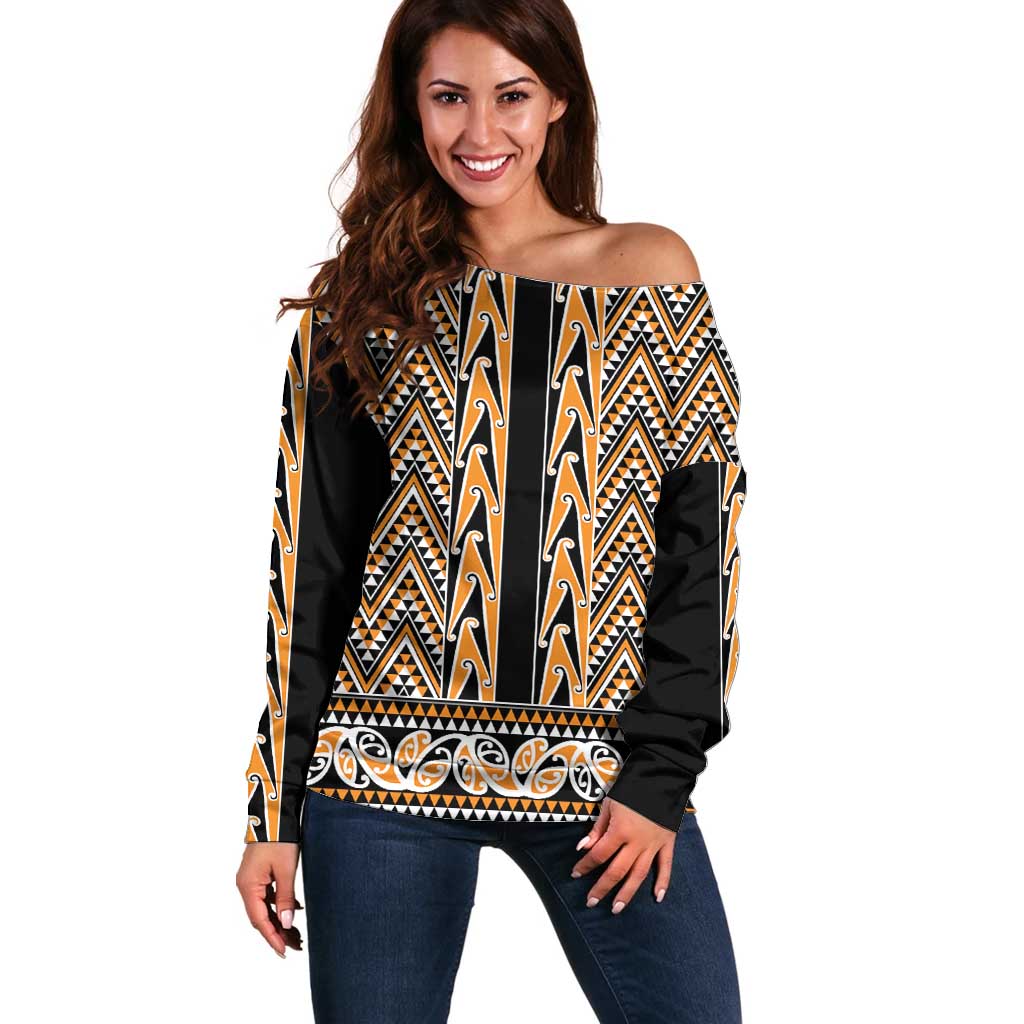 New Zealand Maori Niho Taniwha Off Shoulder Sweater Karaka Mangopare and Puhoro Pattern