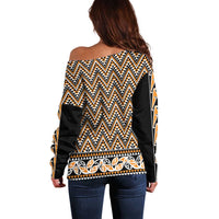 New Zealand Maori Niho Taniwha Off Shoulder Sweater Karaka Mangopare and Puhoro Pattern LT9 - Polynesian Pride