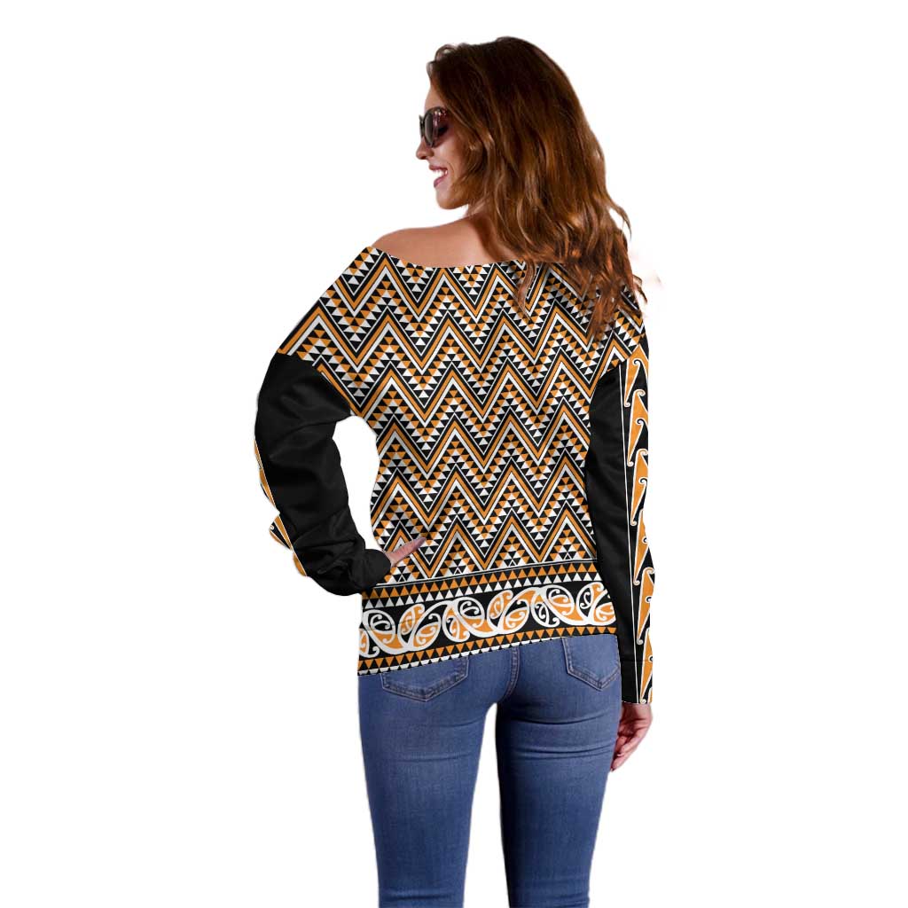New Zealand Maori Niho Taniwha Off Shoulder Sweater Karaka Mangopare and Puhoro Pattern LT9 - Polynesian Pride
