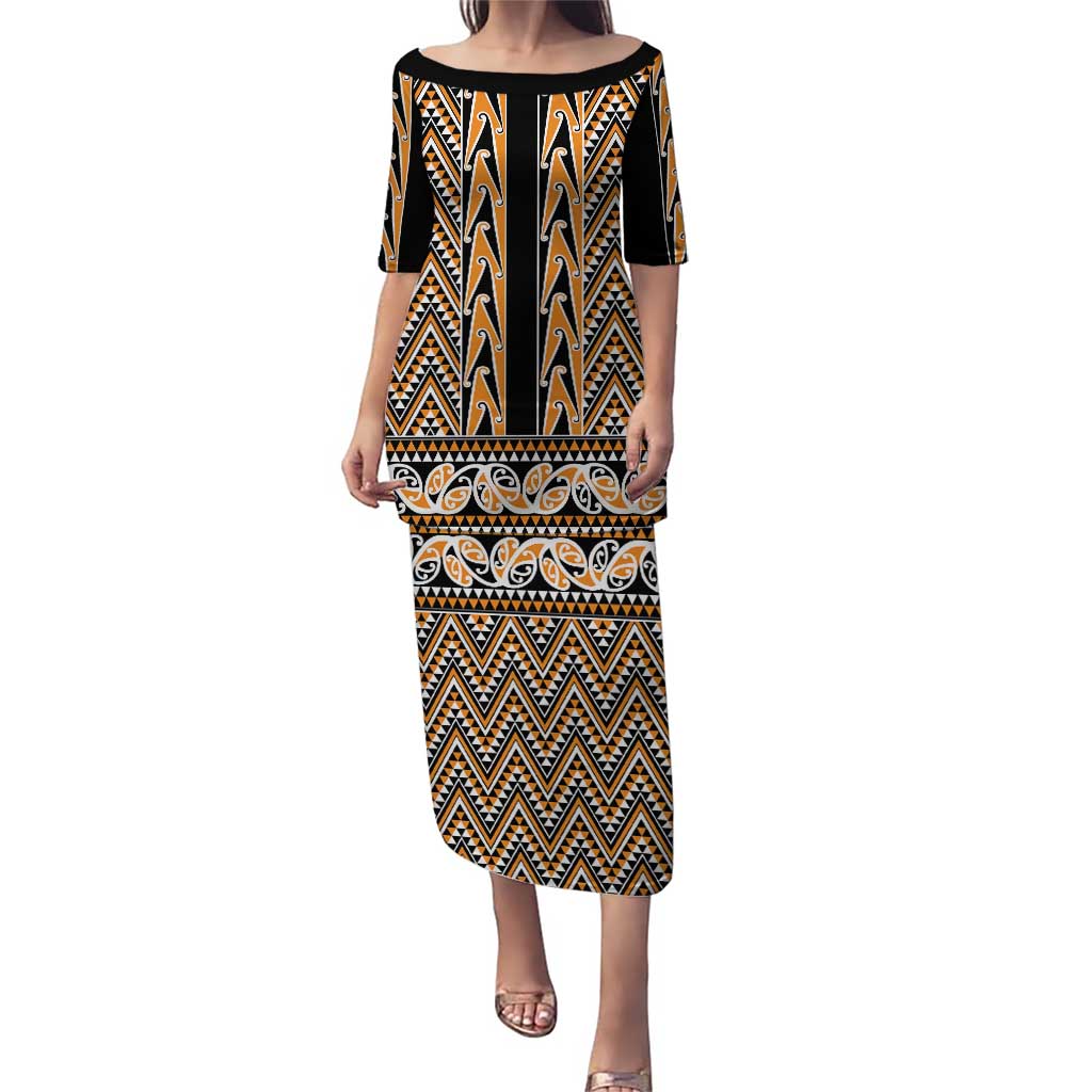 New Zealand Maori Niho Taniwha Puletasi Karaka Mangopare and Puhoro Pattern LT9 Long Dress Gold - Polynesian Pride