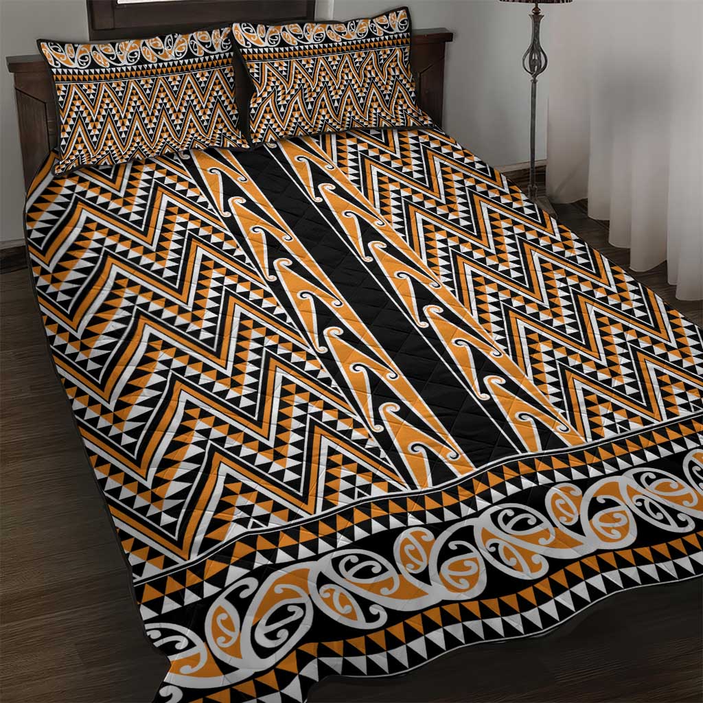 New Zealand Maori Niho Taniwha Quilt Bed Set Karaka Mangopare and Puhoro Pattern LT9 Gold - Polynesian Pride