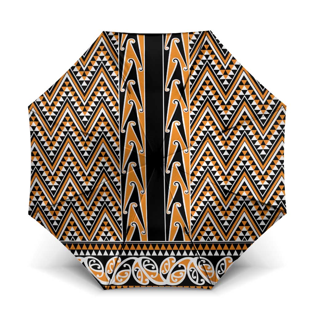 New Zealand Maori Niho Taniwha Umbrella Karaka Mangopare and Puhoro Pattern LT9 One Size Folded 11.42 inch Opened Diameter 37.4 inch Gold - Polynesian Pride