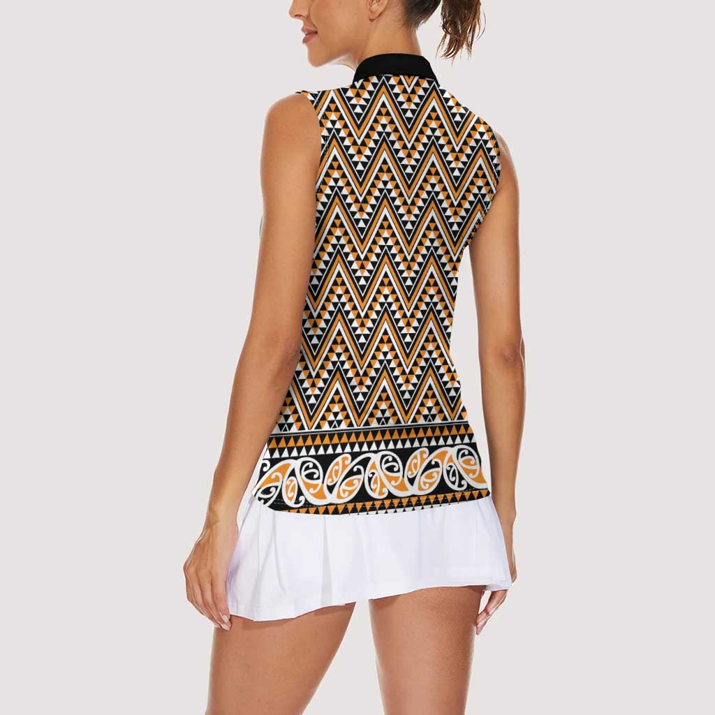 New Zealand Maori Niho Taniwha Women Sleeveless Polo Shirt Karaka Mangopare and Puhoro Pattern