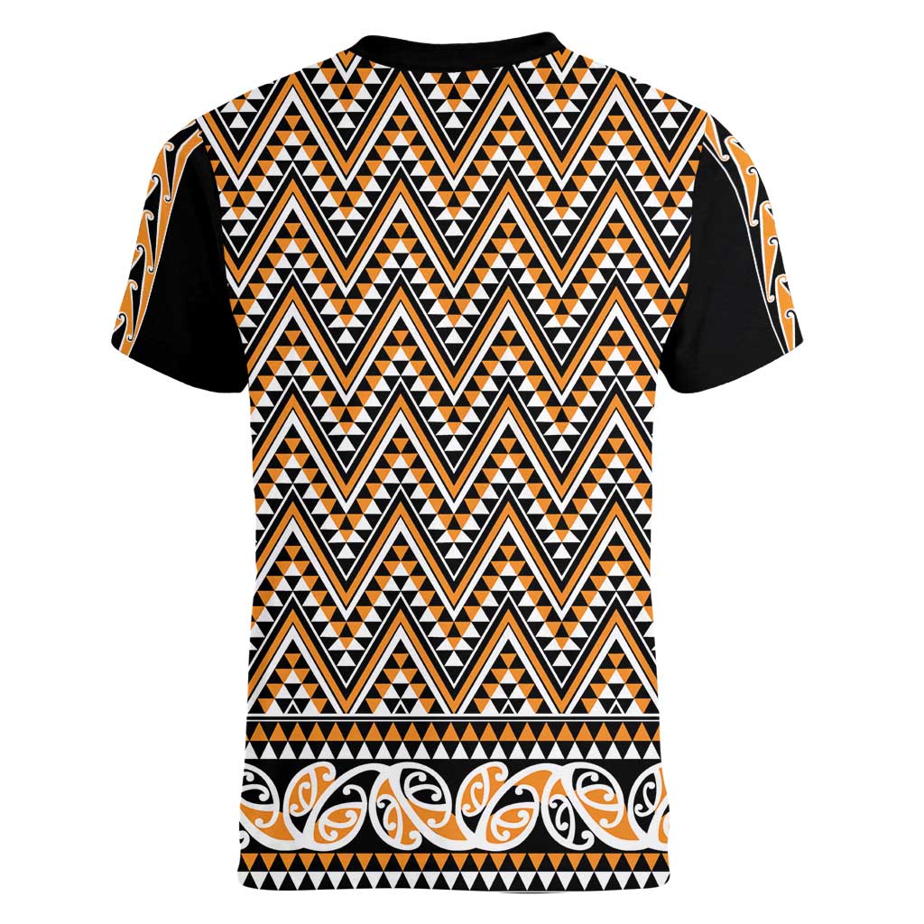 New Zealand Maori Niho Taniwha Women V-Neck T-Shirt Karaka Mangopare and Puhoro Pattern