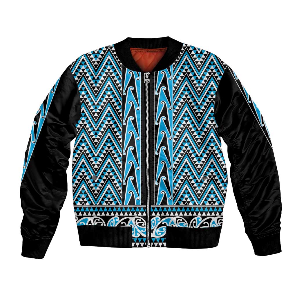 New Zealand Maori Niho Taniwha Bomber Jacket Kikorangi Mangopare and Puhoro Pattern LT9 Unisex Blue - Polynesian Pride