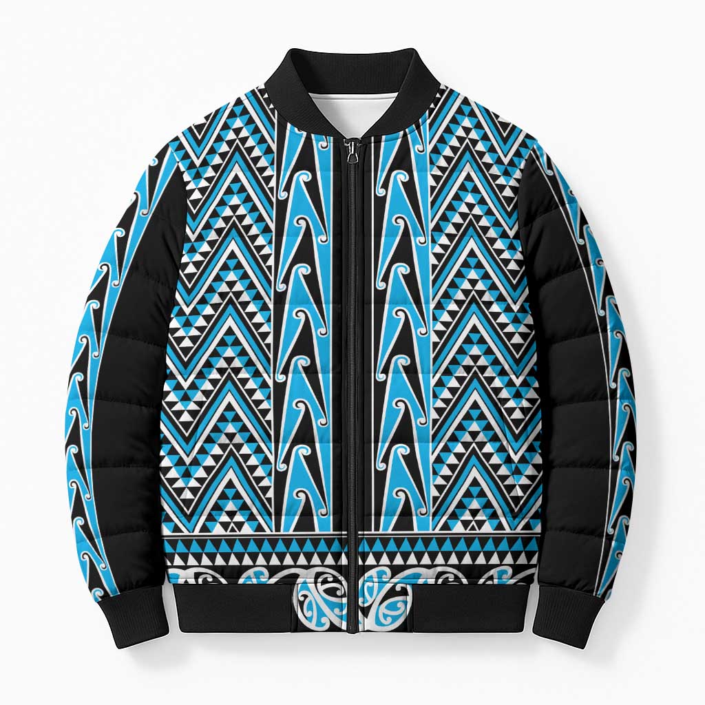 New Zealand Maori Niho Taniwha Bomber Puffer Jacket Kikorangi Mangopare and Puhoro Pattern LT9 Unisex Blue - Polynesian Pride