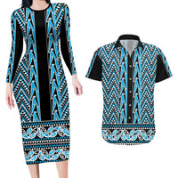 New Zealand Maori Niho Taniwha Couples Matching Long Sleeve Bodycon Dress and Hawaiian Shirt Kikorangi Mangopare and Puhoro Pattern LT9 Blue - Polynesian Pride