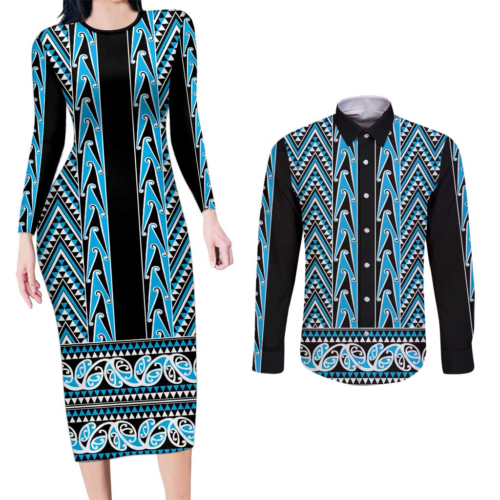 New Zealand Maori Niho Taniwha Couples Matching Long Sleeve Bodycon Dress and Long Sleeve Button Shirt Kikorangi Mangopare and Puhoro Pattern LT9 Blue - Polynesian Pride
