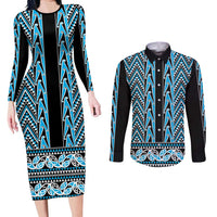 New Zealand Maori Niho Taniwha Couples Matching Long Sleeve Bodycon Dress and Long Sleeve Button Shirt Kikorangi Mangopare and Puhoro Pattern LT9 Blue - Polynesian Pride