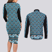New Zealand Maori Niho Taniwha Couples Matching Long Sleeve Bodycon Dress and Long Sleeve Button Shirt Kikorangi Mangopare and Puhoro Pattern LT9 - Polynesian Pride