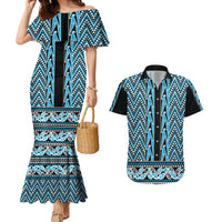 New Zealand Maori Niho Taniwha Couples Matching Mermaid Dress and Hawaiian Shirt Kikorangi Mangopare and Puhoro Pattern LT9 Blue - Polynesian Pride