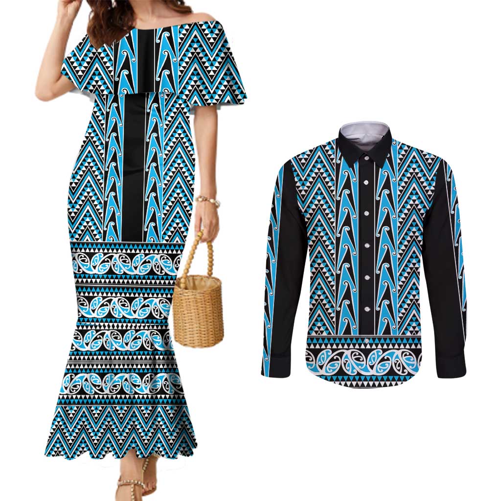 New Zealand Maori Niho Taniwha Couples Matching Mermaid Dress and Long Sleeve Button Shirt Kikorangi Mangopare and Puhoro Pattern LT9 Blue - Polynesian Pride