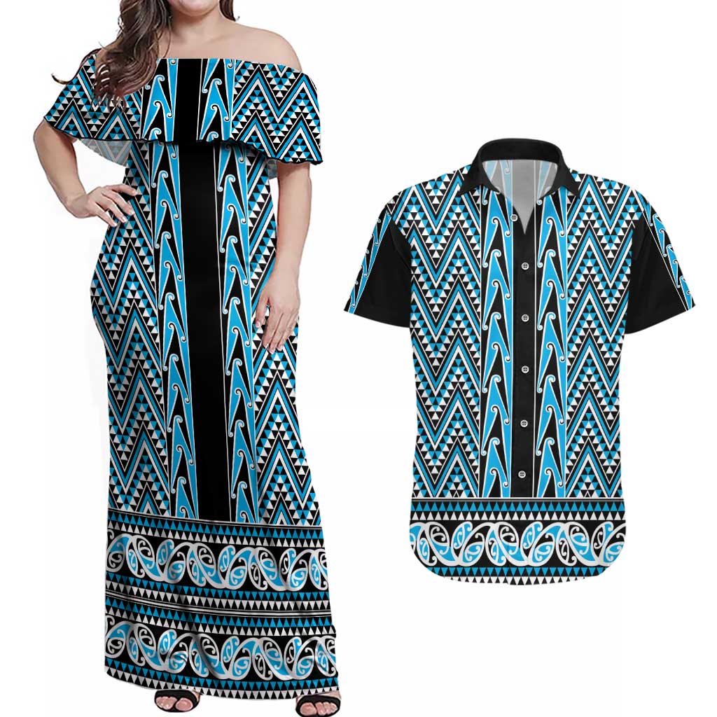 New Zealand Maori Niho Taniwha Couples Matching Off Shoulder Maxi Dress and Hawaiian Shirt Kikorangi Mangopare and Puhoro Pattern LT9 Blue - Polynesian Pride