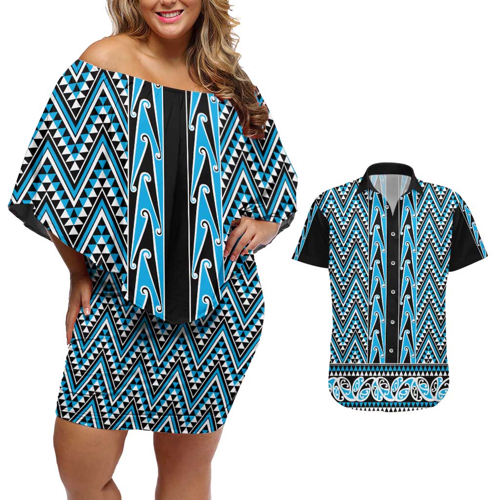 New Zealand Maori Niho Taniwha Couples Matching Off Shoulder Short Dress and Hawaiian Shirt Kikorangi Mangopare and Puhoro Pattern LT9 Blue - Polynesian Pride