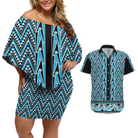 New Zealand Maori Niho Taniwha Couples Matching Off Shoulder Short Dress and Hawaiian Shirt Kikorangi Mangopare and Puhoro Pattern LT9 Blue - Polynesian Pride