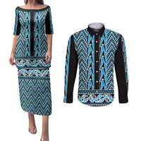 New Zealand Maori Niho Taniwha Couples Matching Puletasi and Long Sleeve Button Shirt Kikorangi Mangopare and Puhoro Pattern