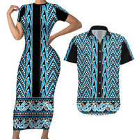 New Zealand Maori Niho Taniwha Couples Matching Short Sleeve Bodycon Dress and Hawaiian Shirt Kikorangi Mangopare and Puhoro Pattern LT9 Blue - Polynesian Pride