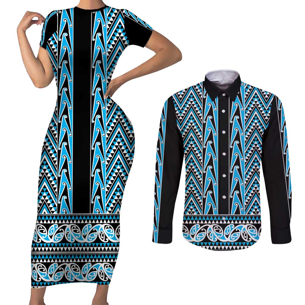 New Zealand Maori Niho Taniwha Couples Matching Short Sleeve Bodycon Dress and Long Sleeve Button Shirt Kikorangi Mangopare and Puhoro Pattern LT9 Blue - Polynesian Pride