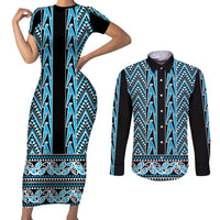 New Zealand Maori Niho Taniwha Couples Matching Short Sleeve Bodycon Dress and Long Sleeve Button Shirt Kikorangi Mangopare and Puhoro Pattern LT9 Blue - Polynesian Pride