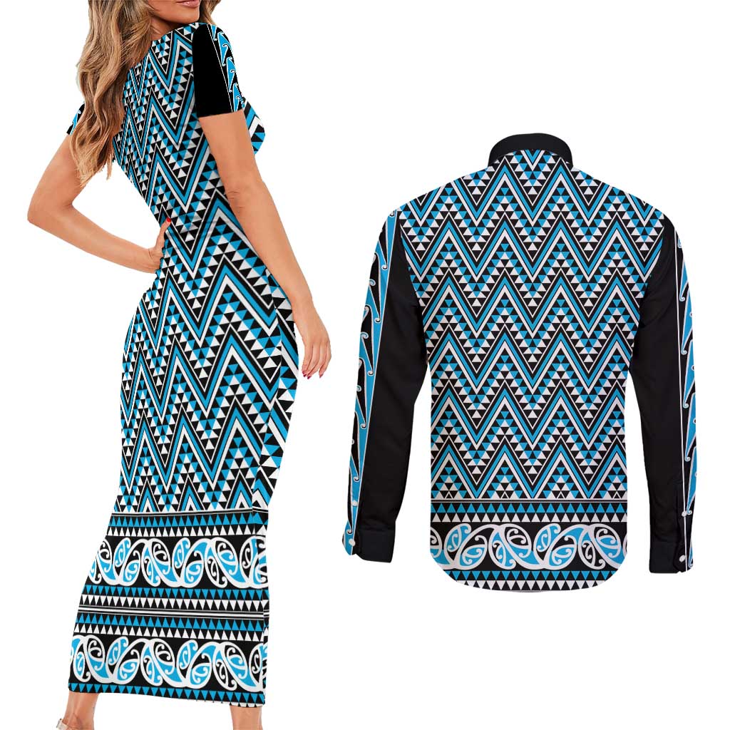 New Zealand Maori Niho Taniwha Couples Matching Short Sleeve Bodycon Dress and Long Sleeve Button Shirt Kikorangi Mangopare and Puhoro Pattern LT9 - Polynesian Pride
