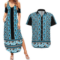 New Zealand Maori Niho Taniwha Couples Matching Summer Maxi Dress and Hawaiian Shirt Kikorangi Mangopare and Puhoro Pattern LT9 Blue - Polynesian Pride