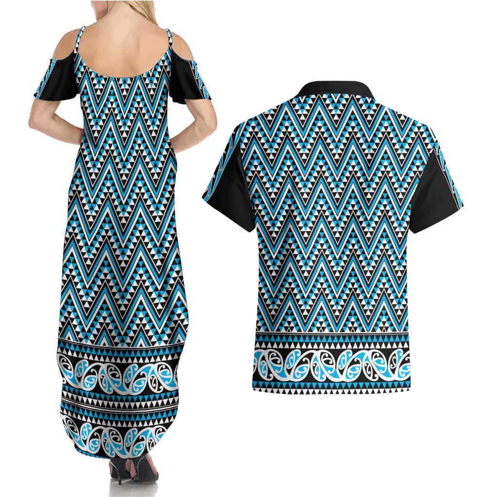 New Zealand Maori Niho Taniwha Couples Matching Summer Maxi Dress and Hawaiian Shirt Kikorangi Mangopare and Puhoro Pattern LT9 - Polynesian Pride