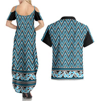 New Zealand Maori Niho Taniwha Couples Matching Summer Maxi Dress and Hawaiian Shirt Kikorangi Mangopare and Puhoro Pattern LT9 - Polynesian Pride