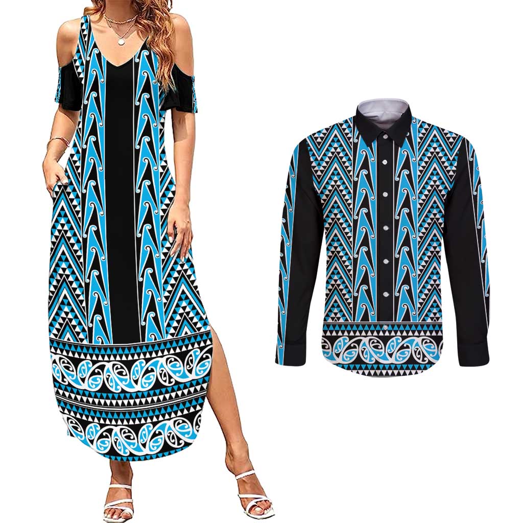 New Zealand Maori Niho Taniwha Couples Matching Summer Maxi Dress and Long Sleeve Button Shirt Kikorangi Mangopare and Puhoro Pattern
