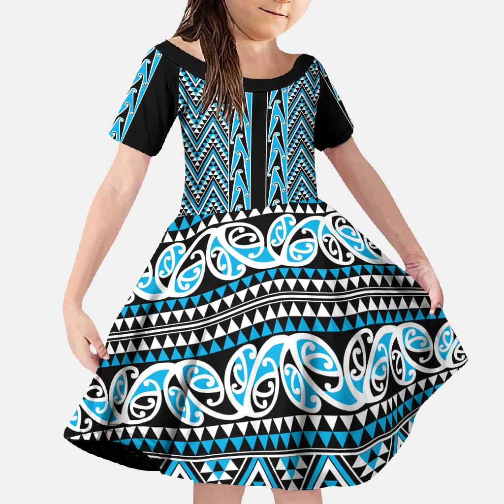 New Zealand Maori Niho Taniwha Family Matching Long Sleeve Bodycon Dress and Hawaiian Shirt Kikorangi Mangopare and Puhoro Pattern LT9 Daughter's Dress Blue - Polynesian Pride
