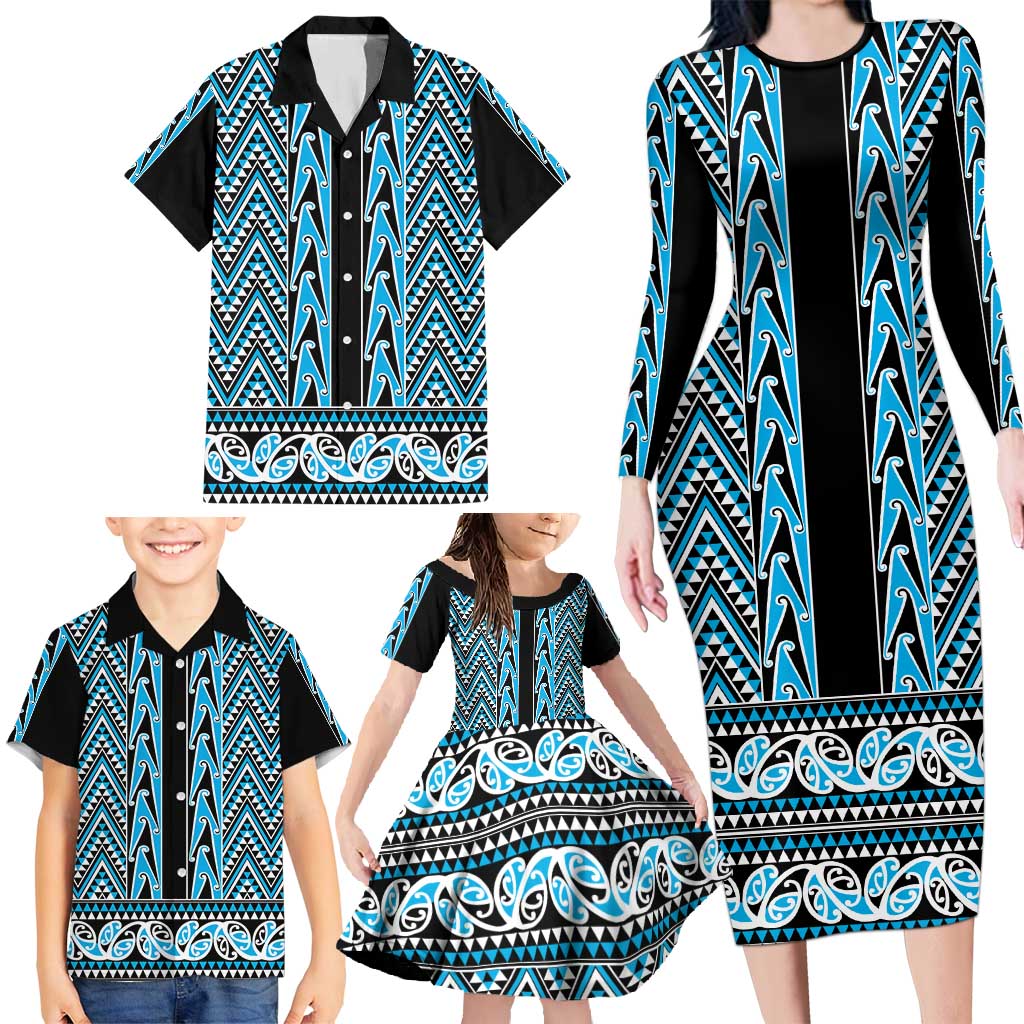 New Zealand Maori Niho Taniwha Family Matching Long Sleeve Bodycon Dress and Hawaiian Shirt Kikorangi Mangopare and Puhoro Pattern LT9 - Polynesian Pride