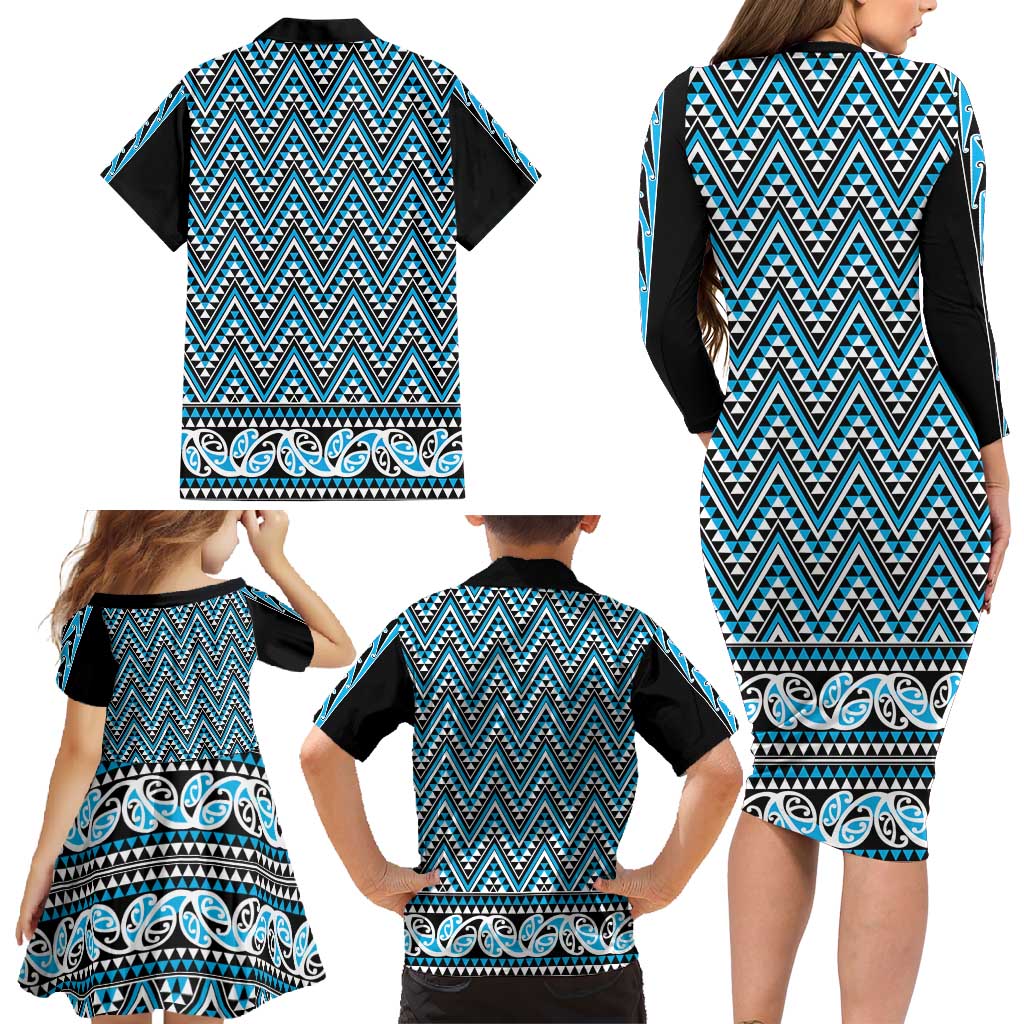 New Zealand Maori Niho Taniwha Family Matching Long Sleeve Bodycon Dress and Hawaiian Shirt Kikorangi Mangopare and Puhoro Pattern LT9 - Polynesian Pride