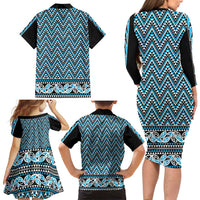 New Zealand Maori Niho Taniwha Family Matching Long Sleeve Bodycon Dress and Hawaiian Shirt Kikorangi Mangopare and Puhoro Pattern LT9 - Polynesian Pride