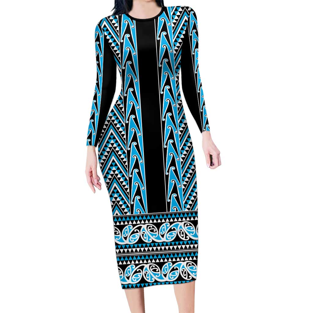 New Zealand Maori Niho Taniwha Family Matching Long Sleeve Bodycon Dress and Hawaiian Shirt Kikorangi Mangopare and Puhoro Pattern LT9 Mom's Dress Blue - Polynesian Pride