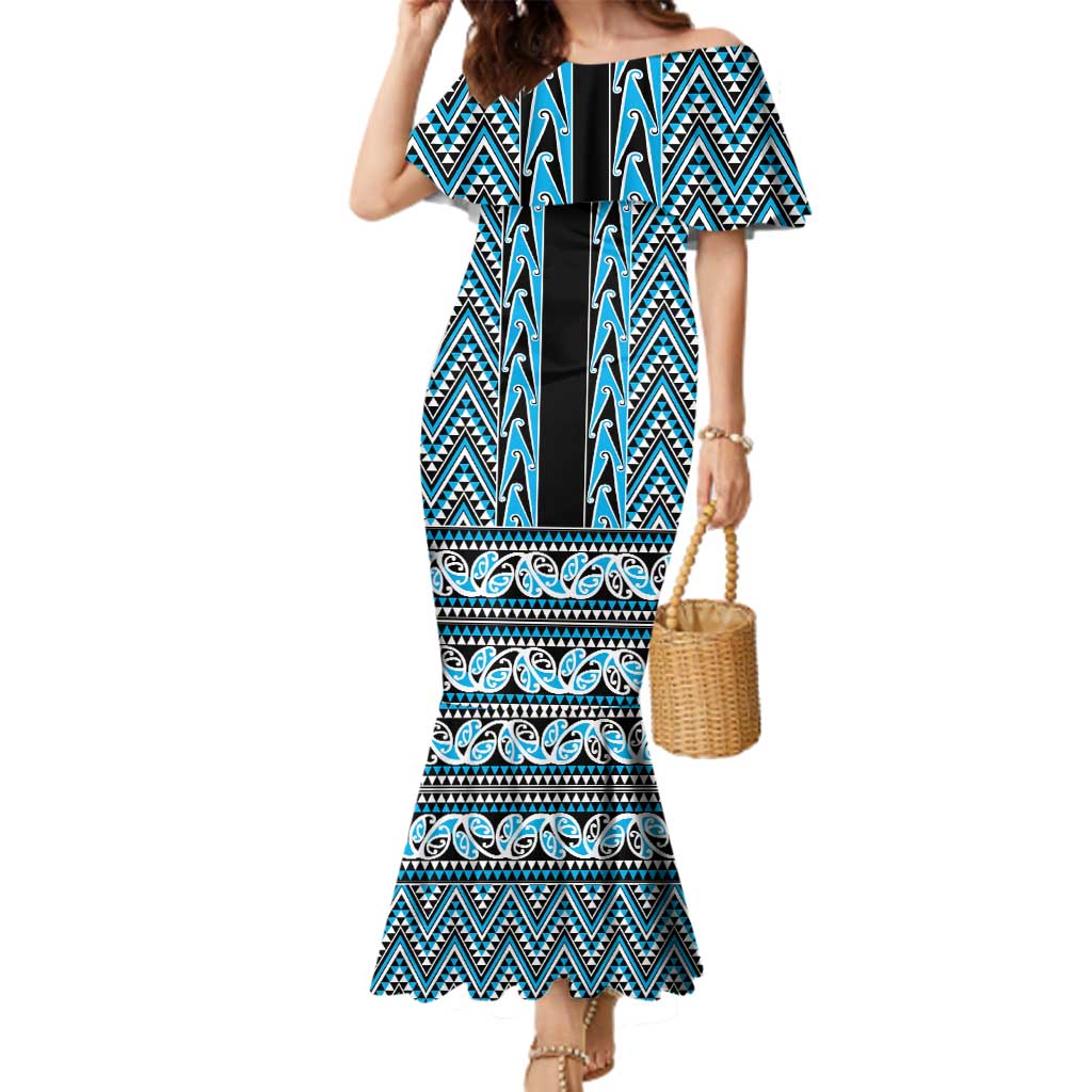 New Zealand Maori Niho Taniwha Family Matching Mermaid Dress and Hawaiian Shirt Kikorangi Mangopare and Puhoro Pattern LT9 Mom's Dress Blue - Polynesian Pride
