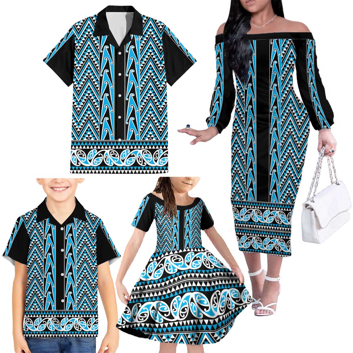 New Zealand Maori Niho Taniwha Family Matching Off The Shoulder Long Sleeve Dress and Hawaiian Shirt Kikorangi Mangopare and Puhoro Pattern LT9 - Polynesian Pride