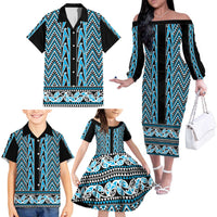 New Zealand Maori Niho Taniwha Family Matching Off The Shoulder Long Sleeve Dress and Hawaiian Shirt Kikorangi Mangopare and Puhoro Pattern LT9 - Polynesian Pride