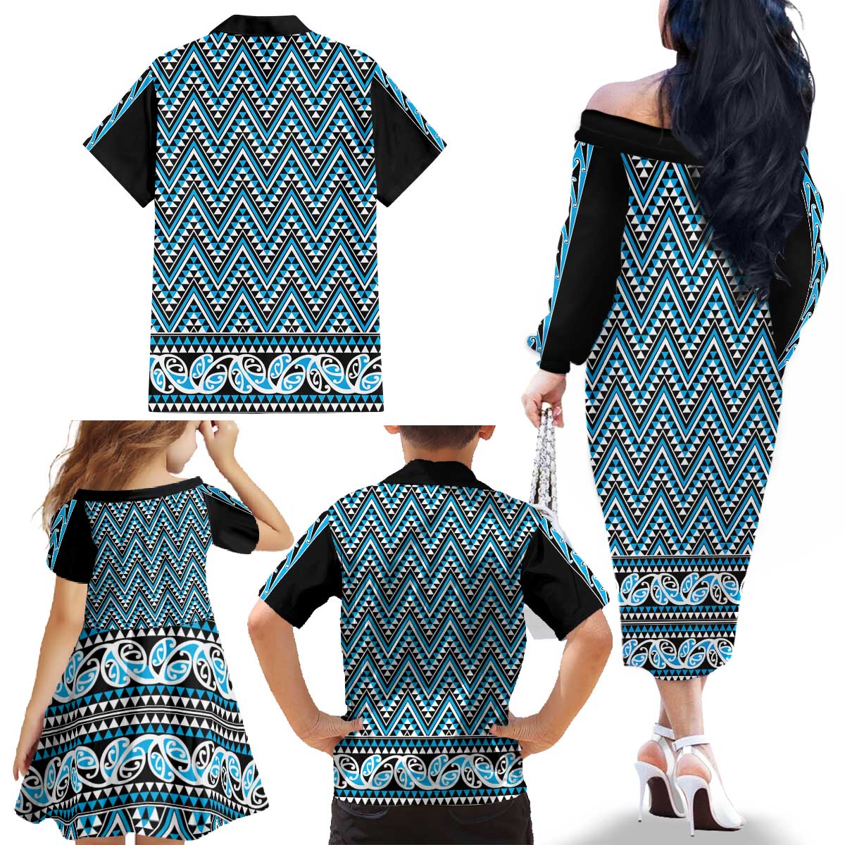 New Zealand Maori Niho Taniwha Family Matching Off The Shoulder Long Sleeve Dress and Hawaiian Shirt Kikorangi Mangopare and Puhoro Pattern LT9 - Polynesian Pride