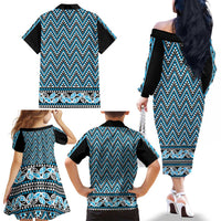 New Zealand Maori Niho Taniwha Family Matching Off The Shoulder Long Sleeve Dress and Hawaiian Shirt Kikorangi Mangopare and Puhoro Pattern LT9 - Polynesian Pride