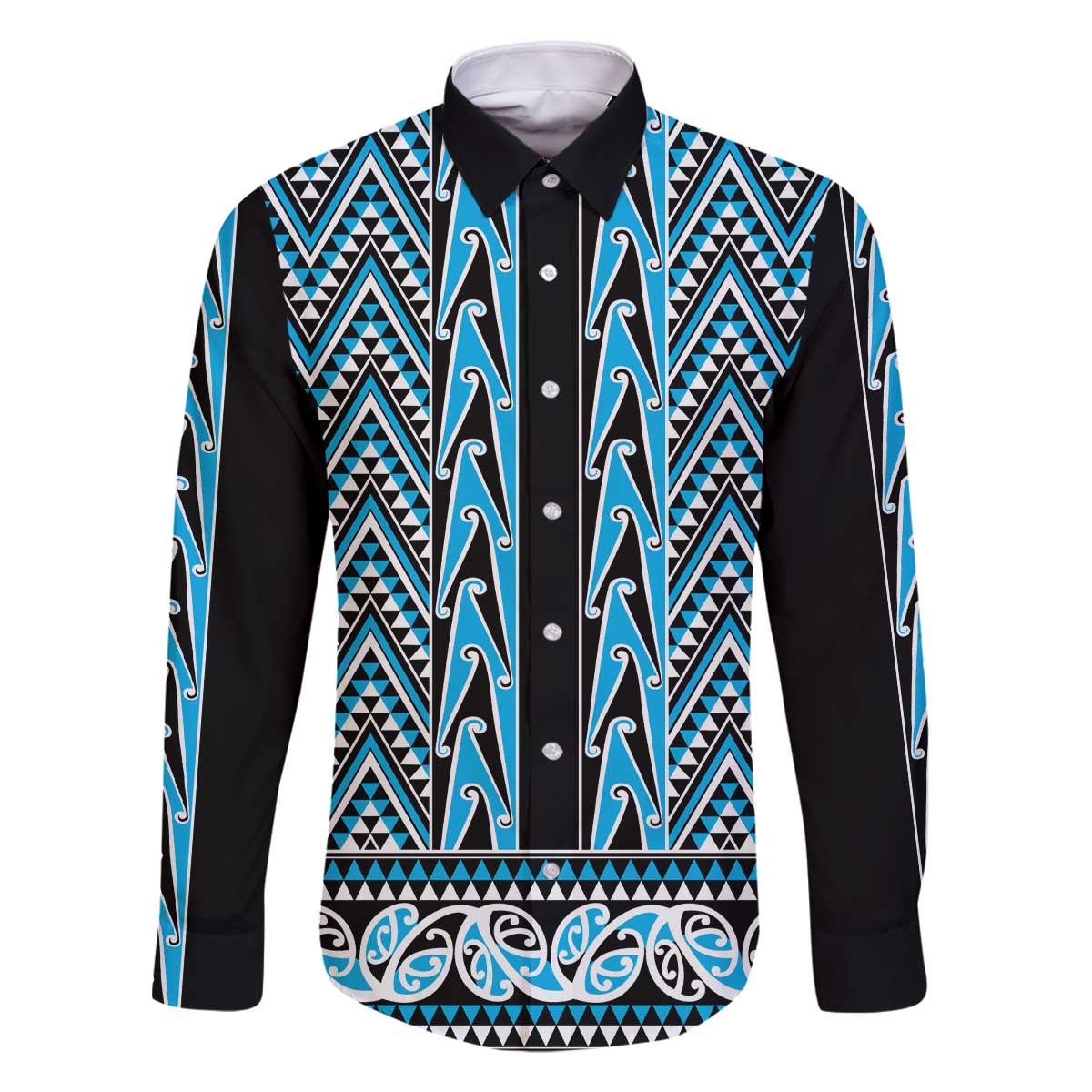 New Zealand Maori Niho Taniwha Family Matching Off The Shoulder Long Sleeve Dress and Hawaiian Shirt Kikorangi Mangopare and Puhoro Pattern LT9 Dad's Shirt - Long Sleeve Blue - Polynesian Pride
