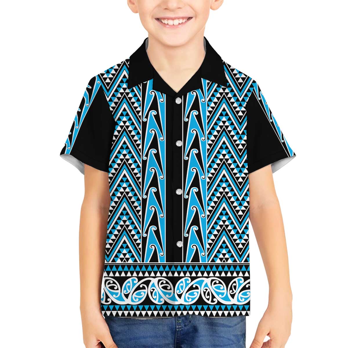 New Zealand Maori Niho Taniwha Family Matching Off The Shoulder Long Sleeve Dress and Hawaiian Shirt Kikorangi Mangopare and Puhoro Pattern LT9 Son's Shirt Blue - Polynesian Pride