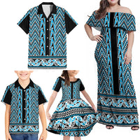 New Zealand Maori Niho Taniwha Family Matching Off Shoulder Maxi Dress and Hawaiian Shirt Kikorangi Mangopare and Puhoro Pattern LT9 - Polynesian Pride