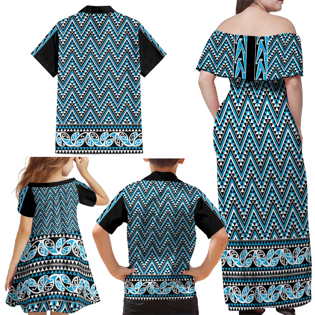 New Zealand Maori Niho Taniwha Family Matching Off Shoulder Maxi Dress and Hawaiian Shirt Kikorangi Mangopare and Puhoro Pattern LT9 - Polynesian Pride