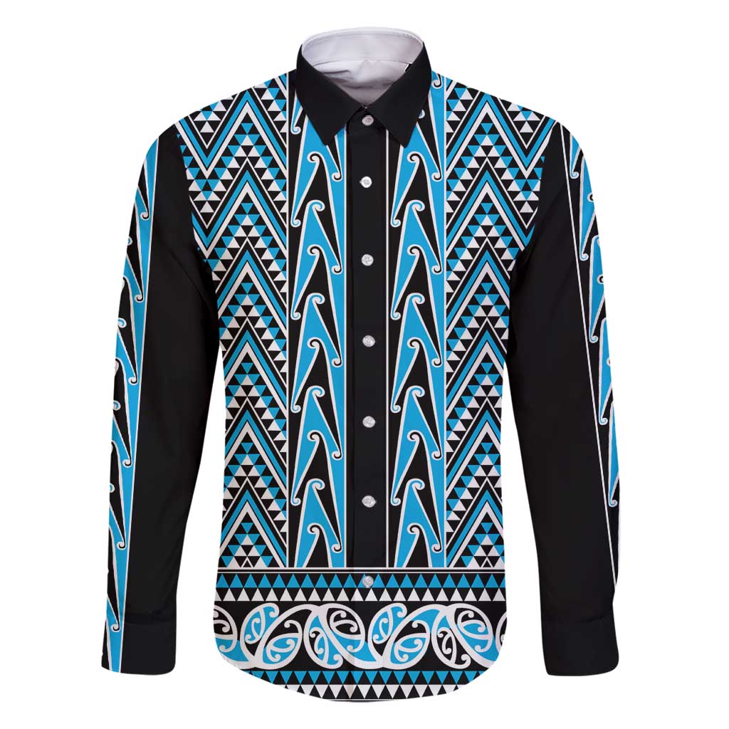 New Zealand Maori Niho Taniwha Family Matching Off Shoulder Maxi Dress and Hawaiian Shirt Kikorangi Mangopare and Puhoro Pattern LT9 Dad's Shirt - Long Sleeve Blue - Polynesian Pride