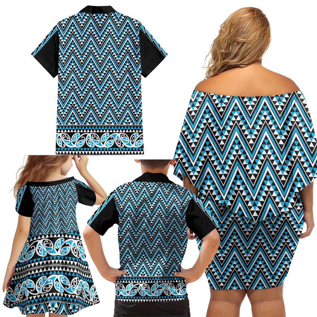 New Zealand Maori Niho Taniwha Family Matching Off Shoulder Short Dress and Hawaiian Shirt Kikorangi Mangopare and Puhoro Pattern LT9 - Polynesian Pride