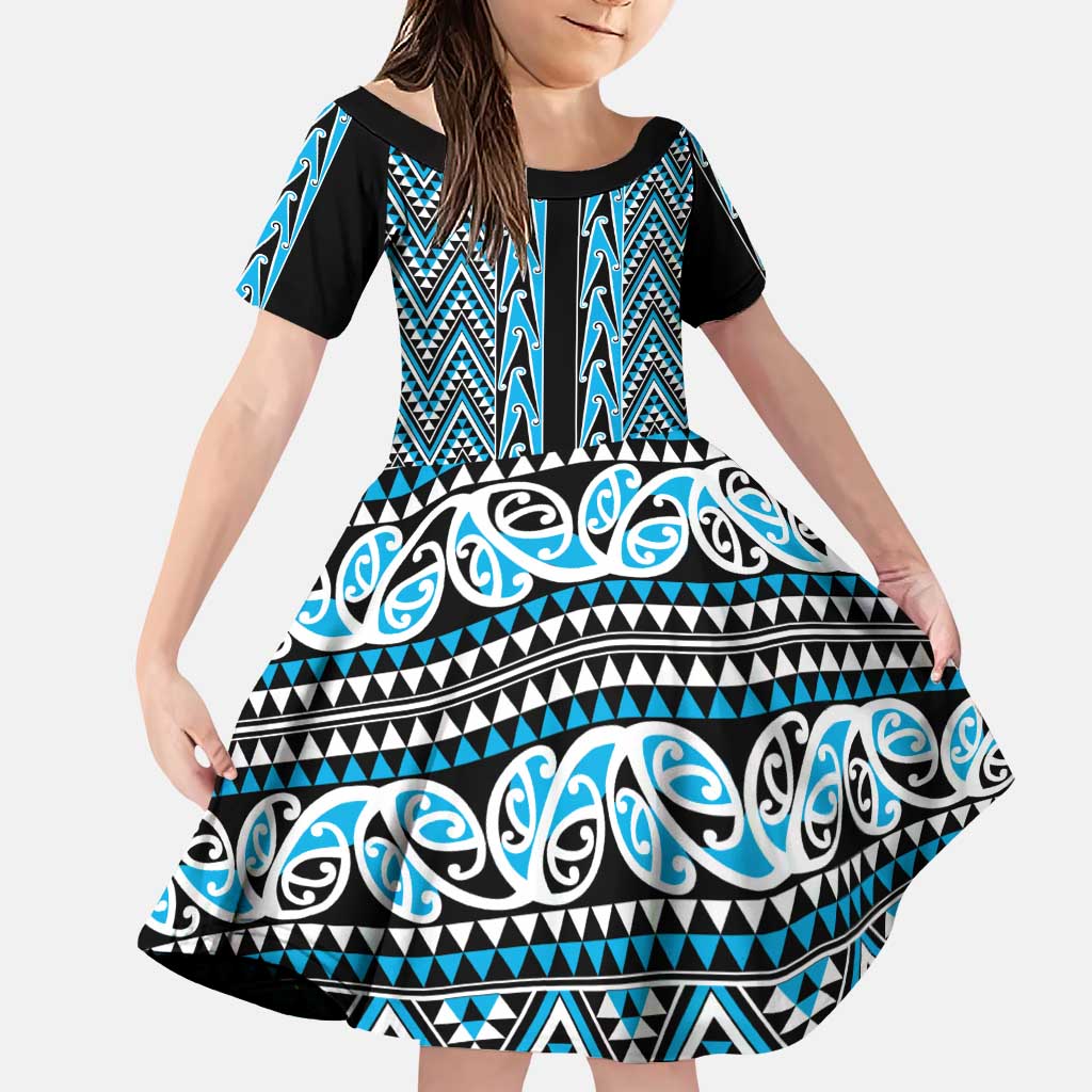 New Zealand Maori Niho Taniwha Family Matching Puletasi and Hawaiian Shirt Kikorangi Mangopare and Puhoro Pattern LT9 Daughter's Dress Blue - Polynesian Pride